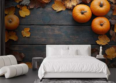 Top View Of A Rustic Wooden Table with Autumn Leaves and Pumpkins Decoration Wall mural