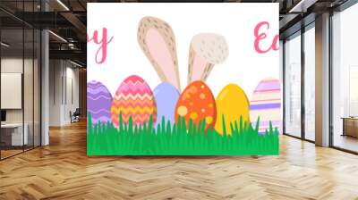 Happy Easter vector illustration on white background. Trendy Easter design with typography, eggs and grass in soft colors for banner, poster, greeting card. Wall mural