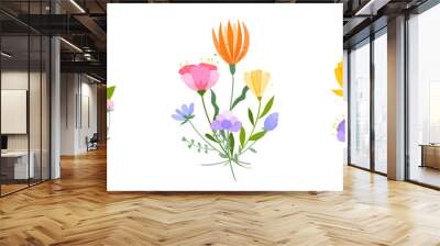 Vector floral bouquet illustration. Set of leaves, wildflowers, twigs, floral arrangements. Beautiful compositions of field grass and bright spring flowers. Wall mural