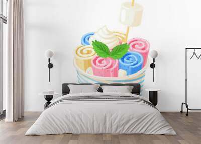 Basket of stir fried colorful ice cream rolls under whipped cream decorated with mint leaves and marshmallows. Vector illustration cartoon flat icon isolated on white. Wall mural