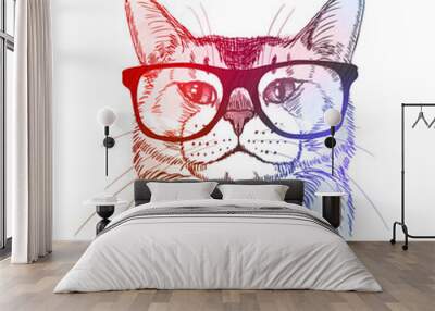 Cute hipster - cat in retro nerdy glasses. Colorful hand drawn illustration, isolated on white. Vector eps10. Wall mural