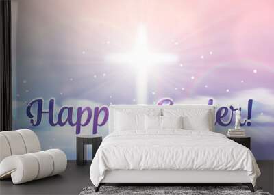 Easter banner with text 'Happy Easter', shining across and heaven with white clouds. Vector illustration background. Wall mural