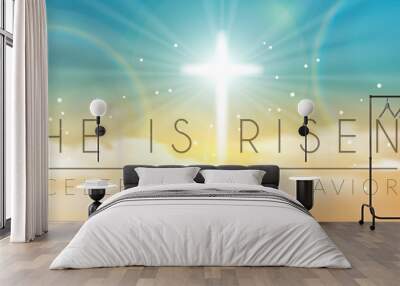 easter banner with text 'he is risen', shining across and heaven with white clouds. vector illustrat Wall mural