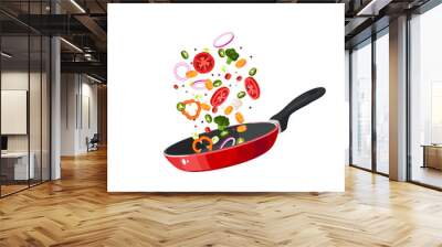 Food preparation. Sliced vegetables in red frying pan. Kitchen utensil. Vector illustration cartoon flat icon isolated on white background. Wall mural