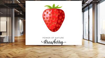 Red strawberry berry flat icon with inscription colorful vector illustration of eco food isolated on white. Wall mural