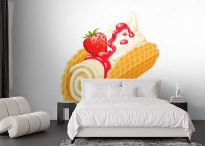 Rolled ice cream taco with jam and whipped cream decorated with strawberry. Vector illustration cartoon flat icon isolated on white. Wall mural