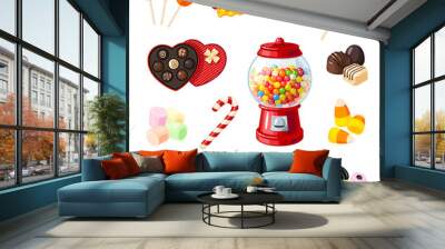 Set single cartoon candies: lollipop, candy cane, bonbon, marmalade teddy bear, licorice, candied fruit, gumball machine, candy apple, caramel. Vector illustration flat icon isolated on white. Wall mural