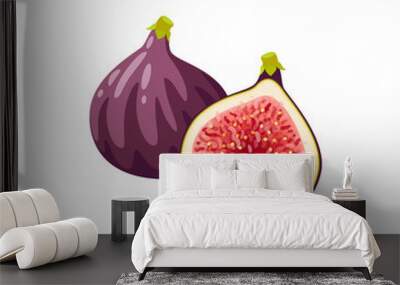 Summer tropical fruits for healthy lifestyle. Fig, purple whole fruit and half. Vector illustration cartoon flat icon isolated on white. Wall mural