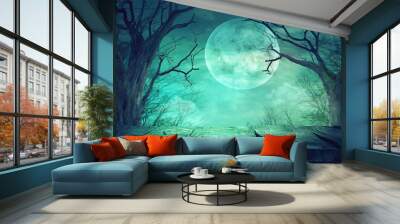 Spooky forest with full moon and wooden table Wall mural