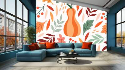 Autumn botanical folk pattern with leaves, mushrooms, pumpkin Wall mural