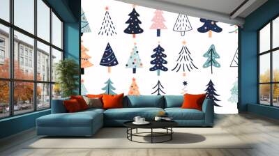 Doodle set of winter christmas trees Wall mural