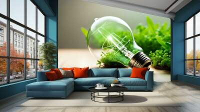 A light bulb with plants and leaves, symbolizing eco-friendliness and sustainability concept. Green innovative idea. Eco energy lightbulb symbol. Renewable clean energy. Wall mural