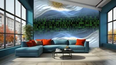 Argentina flag - 3D realistic waving flag on matrix digital background with binary code Wall mural