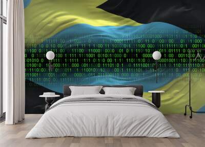 Bahamas flag - 3D realistic waving flag on matrix digital background with binary code Wall mural