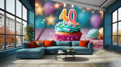 Birthday cupcake with burning lit candle with number 40. Number thirtynine for thirtynine years or thirtyninth anniversary. Wall mural