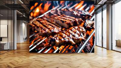 Grilled meat steak on stainless grill depot with flames on dark background. Barbecue or BBQ, food and cuisine. Wall mural