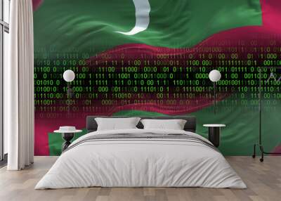 Maldives flag - 3D realistic waving flag on matrix digital background with binary code Wall mural