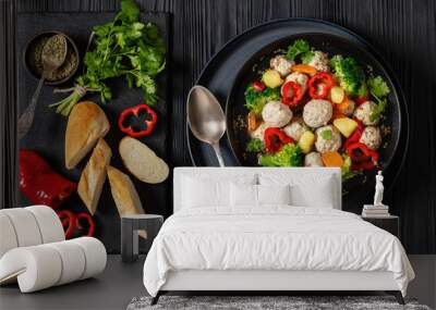 chicken meatball soup with vegetables in a bowl Wall mural