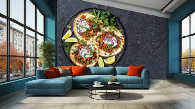 ground Lamb Flatbreads with yogurt, top view Wall mural