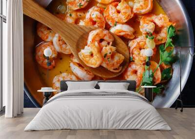 Italian shrimp scampi on a skillet, close-up Wall mural