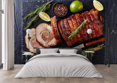 overhead view of sliced roast pork Wall mural