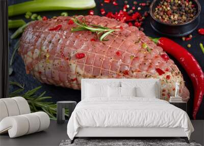 raw spicy pork meat roulade, top view Wall mural