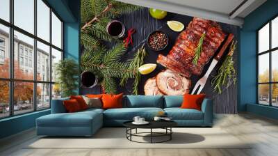 sliced roast pork roulade with red wine Wall mural