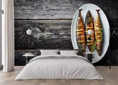 three whole grilled mackerel on a plate Wall mural