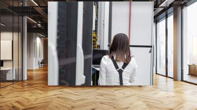 Portrait of technician working on laptop in server room Wall mural