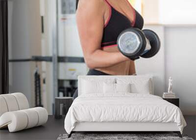 Woman weight lifting with exercise equipment in health club, por Wall mural