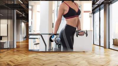 Woman weight lifting with exercise equipment in health club, por Wall mural