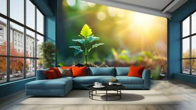 Green leaves background in sunny day | A plant growing in the soil in the sunlight | A plant growing in the soil in the sunlight.| Vibrant Green Leaves Dance Against a Sun-Kissed Canvas Wall mural