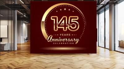 145 year anniversary celebration logo design with a number and golden ring concept, logo vector template Wall mural