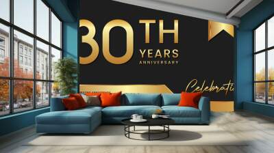 30th anniversary template design in gold color isolated on a black and gold background, vector template Wall mural