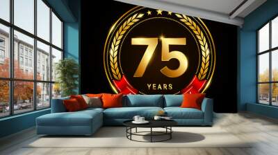 75 years anniversary, golden anniversary celebration logotype with red ribbon isolated on black background, vector illustration Wall mural