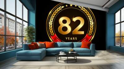 82 years anniversary, golden anniversary celebration logotype with red ribbon isolated on black background, vector illustration Wall mural