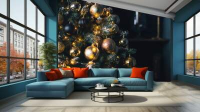 Christmas tree decorated with garlands and golden balls on a dark background Wall mural