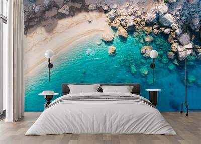 Top-down aerial view of a clean white sandy beach on the shores of a beautiful turquoise sea. Greece. Wall mural