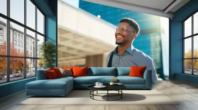 Business, happy and walking black man on city journey, commute trip and realtor smile on way to office building. Happiness, career expert and African real estate agent on morning travel in Nigeria Wall mural