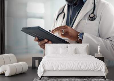 Closeup, man and doctor with a tablet, internet or connection with online results, digital app or typing. Person, employee or medical professional with technology, healthcare or website information Wall mural