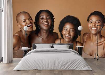 Face, skincare and laughing with black woman friends in studio on a brown background for natural wellness. Portrait, beauty and smile with a group of funny people looking happy at antiaging treatment Wall mural