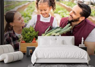 farmer, family and box with vegetables from agriculture, happy with harvest, fresh and organic food  Wall mural