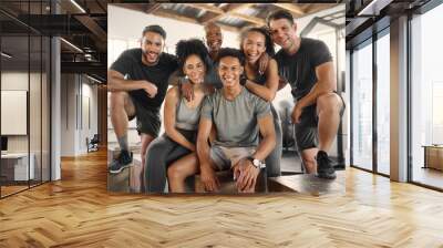 Fitness, portrait and friends happy to be at gym for a group workout session, teamwork and training classes. Smile, community and healthy sports people excited for cardio exercises with diversity Wall mural