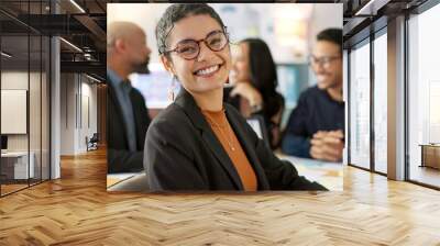 Meeting, happy and portrait of employee with team planning or working on strategy together in startup company. Corporate, confident and professional business woman at discussion in agency office Wall mural