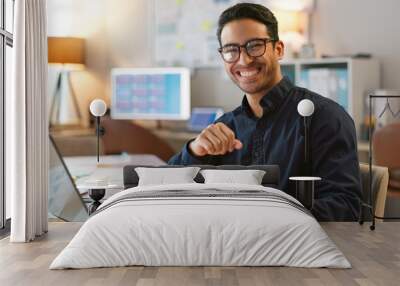 Portrait of happy man in office, typing on laptop and planning online research for creative project at digital agency. Internet, website and networking, businessman with smile and computer for email. Wall mural