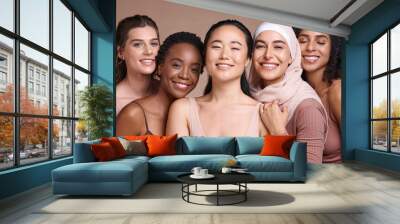 Support, diversity and women smile for skincare, beauty and empowerment against a studio background. Makeup, solidarity and face portrait of cosmetic model friends with happiness for cosmetics Wall mural