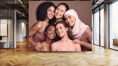 Women, faces or diversity on studio background in empowerment trust, solidarity support or community self love. Portrait, smile or group beauty models, happy facial expression or religion acceptance Wall mural