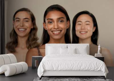 Beauty, diversity or smile of women friends in studio for portrait, inclusion or wellness. Face of happy people on neutral background as different skin care, dermatology glow or cosmetic comparison Wall mural