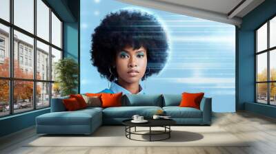 Black woman, holographic and light for digital, tech or futuristic portrait with blue background. Model, makeup and mockup for web security in studio for 3d animation for cyber, internet or data firm Wall mural