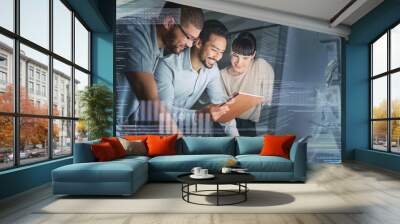 Business people, coding and information technology with computer screen and tablet, programming and software development. Code overlay, futuristic and collaboration, meeting with programmer team Wall mural